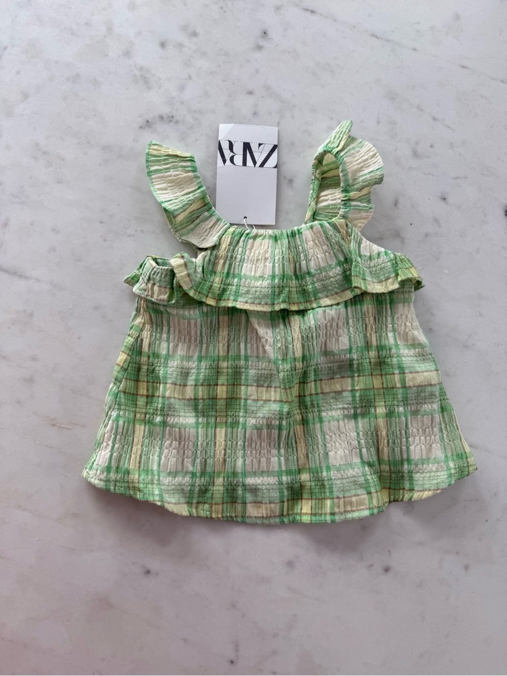 Zara Green and Cream Plaid Ruffle Tank Top